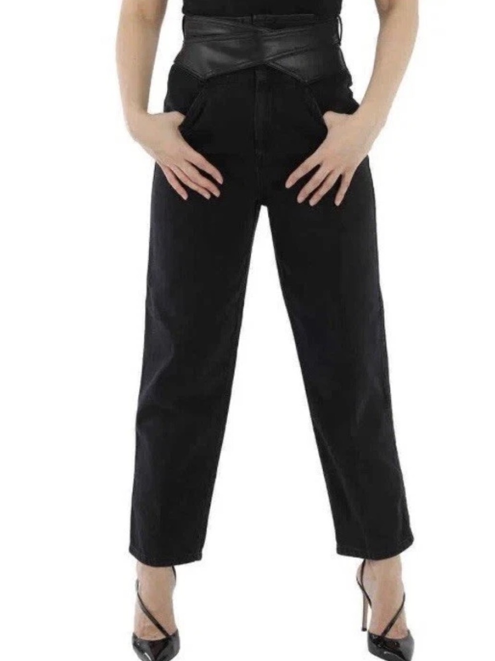 Pinko Shelby Slim Black Denim Jeans Faux Leather Corset Belt Gothic Chic Sz 26
